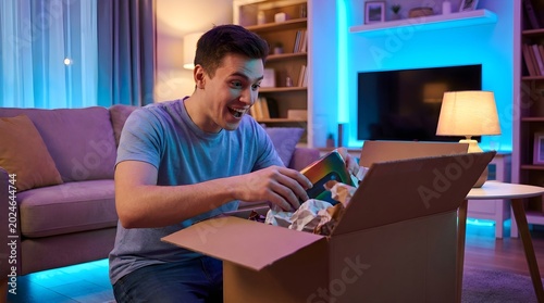 Happy young man opening a cardboard delivery box sitting on a sofa in his modern living room at night