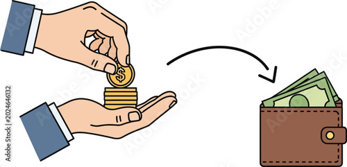 Hand depositing coins into wallet, financial transaction concept, saving money, illustration