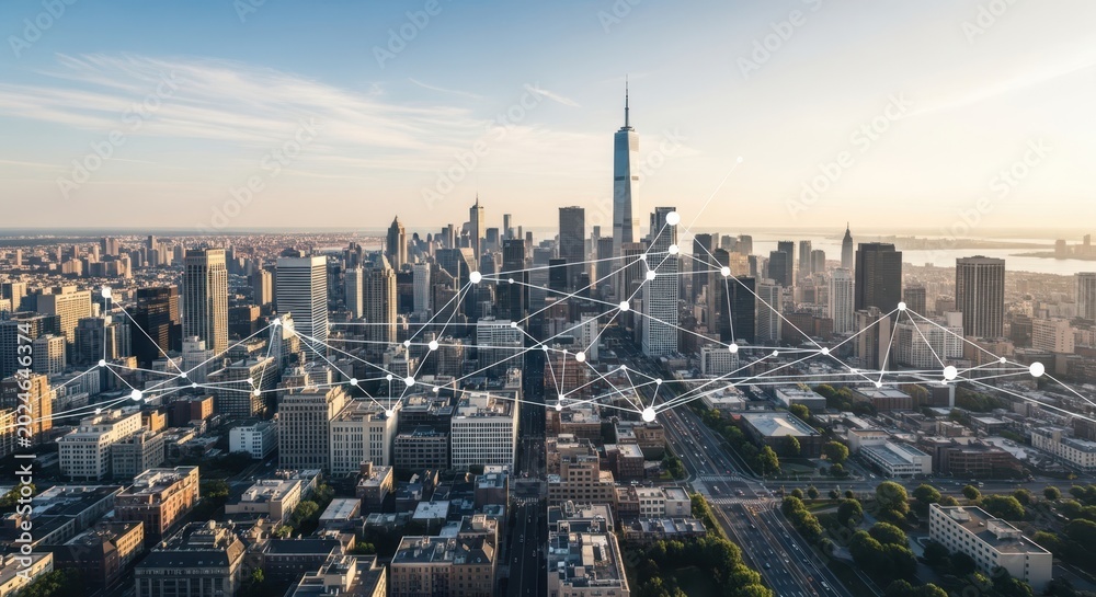 Obraz premium Modern Cityscape with Digital Network Connections Overlay