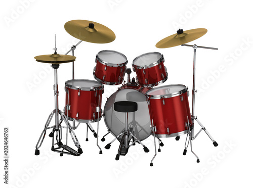 Quadro em tela Isolated professional red acoustic drum set with cymbals, bass drum, and tom-tom