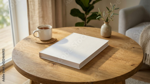 Konstfotografi Blank white hardcover book mockup sits on a round wooden coffee table, surrounded by a hot drink mug, small vase, and warm sunlight