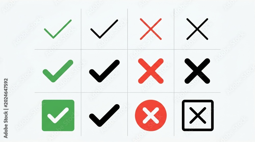 Fototapeta premium Checkmarks and X marks symbol set on grid background