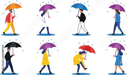 People Walking in Rain with Colorful Umbrellas Flat Character Set for Weather, Autumn, and Seasonal Lifestyle Illustration Designs