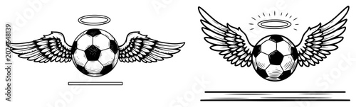 Soccer ball with angel wings and halo in vintage engraving style