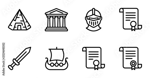Photos Ancient History Icons: Pyramid, Temple, Knight Helmet, Sword, Viking Ship, Scrol