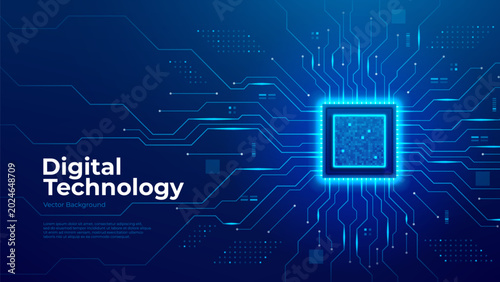 Futuristic digital background with CPU. Glowing semiconductor chip on motherboard with circuit lines. Central processor unit concept. Futuristic tech visual.