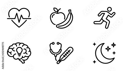 Fotografía Healthy Lifestyle Icons Set: Heartbeat, Apple, Running Man, Brain, Stethoscope,