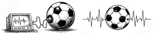 Soccer ball connected to heart rate monitor showing pulse line in vintage engraving style