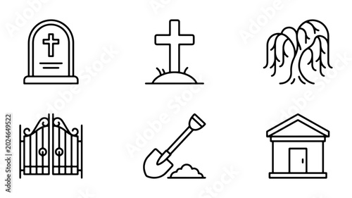 Tableau sur toile Funeral Icons Set: Tombstone, Cross, Weeping Willow, Gate, Shovel, Mausoleum, Gr