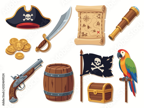 Photos This playful illustration features a range of pirate-themed icons including a sword, treasure map, chest, and other elements encapsulating the adventurous spirit of piracy