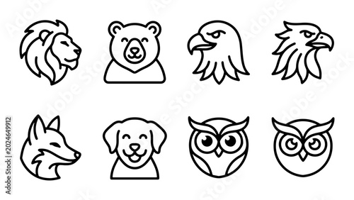 Photography Minimalist Animal Icons Set: Lion, Bear, Eagle, Fox, Dog, Owl, Vector Graphics f