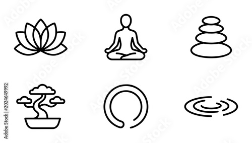Canvas Print Zen Icons Set: Lotus Flower, Meditation Figure, Stacked Stones, Bonsai Tree, Ens