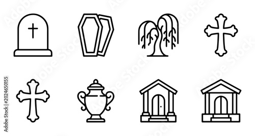 Canvastavla Funeral Icons Set: Tombstone, Coffin, Willow Tree, Cross, Urn, Mausoleum, Cemete