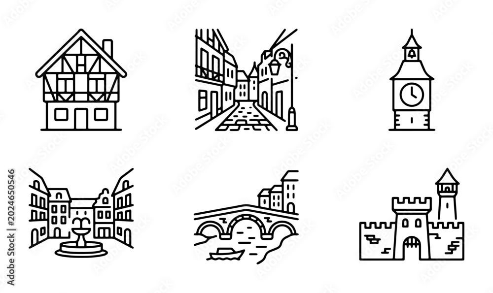 Fototapeta premium European Cityscape Icons: Historic Buildings, Bridges, and Architecture Vector Set