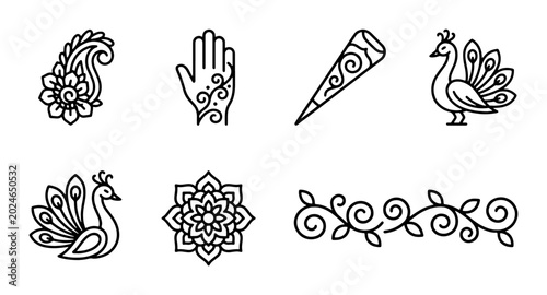 Cuadro en lienzo Henna Mehendi line icons set, Indian bridal body art elements, 7 black vector il