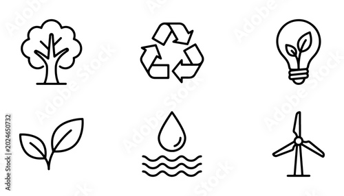 Photos Eco-friendly vector icons: tree, recycle, lightbulb, leaves, water drop, windmill