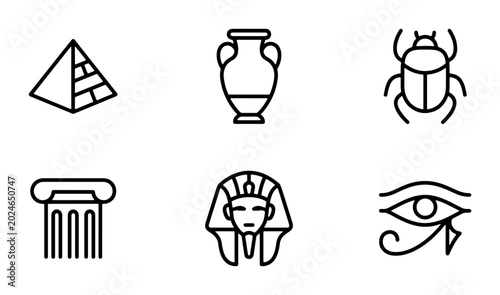 Foto Ancient Egyptian Icons Set: Pyramid, Pharaoh, Scarab, Eye of Horus, Column, Vase