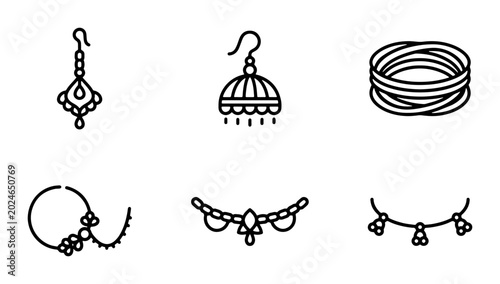 Fotografija Indian Jewelry Icons Set, Traditional Ornaments Collection, Ethnic Accessories V
