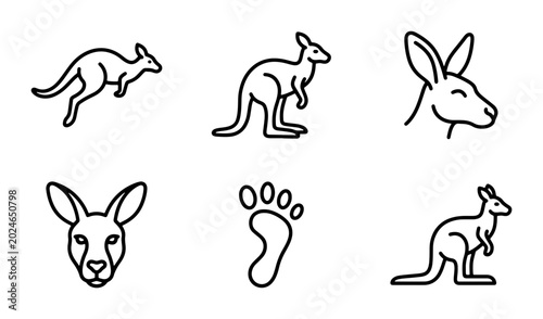 Foto Kangaroo Icons Set, Australian Wildlife Vector Graphics, Simple Line Art Animal