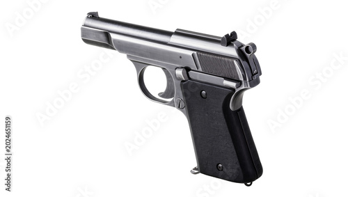 Foto Isolated modern steel semi-automatic pistol with black grip, powerful military w