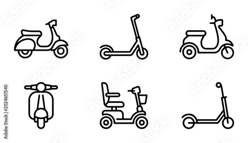 Fotografi Minimalist scooter icon set, 6 black line vector illustrations of electric kick