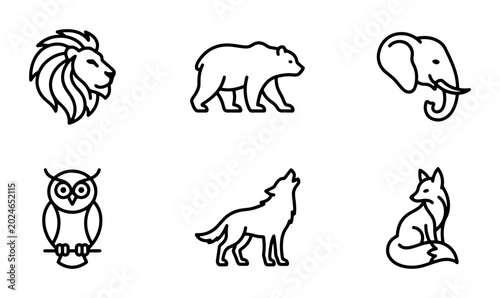 Canvas Print Set of 6 Minimalist Animal Icons, Line Art Wildlife Graphics, Simple Mammal and