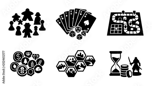 Tableau sur toile Board game icon set, tabletop gaming elements with dice and cards, 6 hobby icons