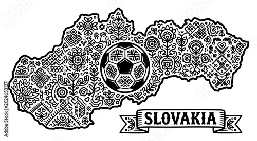 Foto Slovakia map filled with folk ornaments and soccer ball emblem in decorative tra