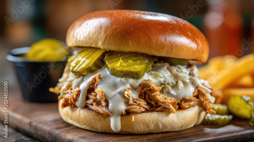 pulled chicken sandwich with white alabama sauce