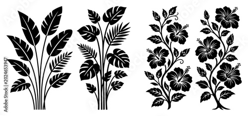 Tropical plant silhouettes including banana leaves and hibiscus flowers for botanical design in clean graphic style