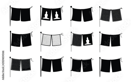 Photos Tibetan prayer flags hanging on strings buddhist symbols and mantras black and w