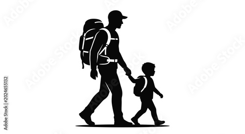 father and son walking silhouette against white background