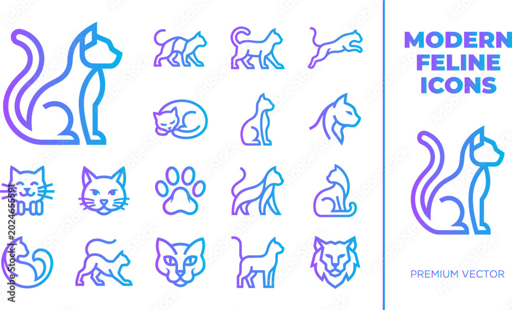 Fototapeta premium Modern feline icons vector set cat pet animal domestic cute playful curious silhouette illustration concept.