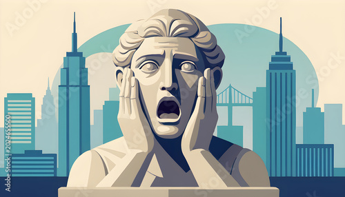 Stone face expressing panic and shock in city