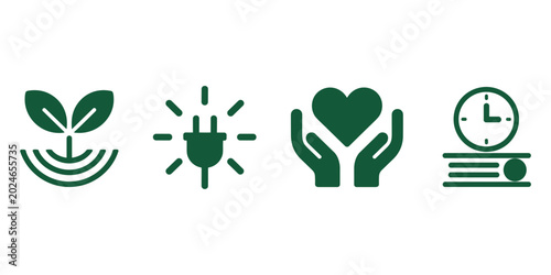 Green of plant sprout electric plug hands holding heart and clock on white background