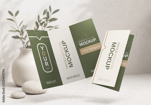 Floating Trifold Brochure Mockup with Plant and Stones Background