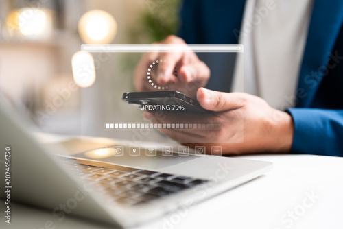 Installing software update process, operating system upgrade, Updating progress bar on computer screen. Installing app patch. Update software application and hardware upgrade technology concept.
