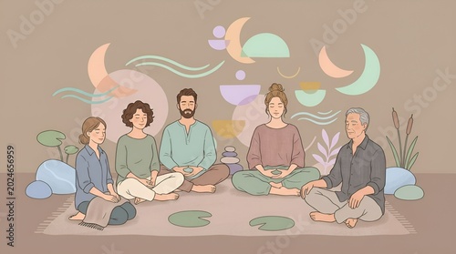 Group of diverse people meditating together in lotus position. Men and women sitting on mat for mindfulness practice and spiritual healing. Wellness concept for yoga class or therapy.