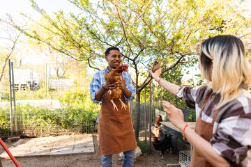 Couple photographing a chicken with a smartphone