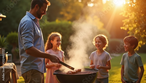Authentic family weekend barbecue photography, father grilling food while children laugh nearby, warm backyard atmosphere, cinematic golden sunlight, realistic family interaction, premium commercial l