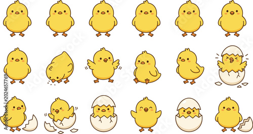 Foto Cute Cartoon Baby Chick Character Set with Hatching Egg, Walking, Flapping, and