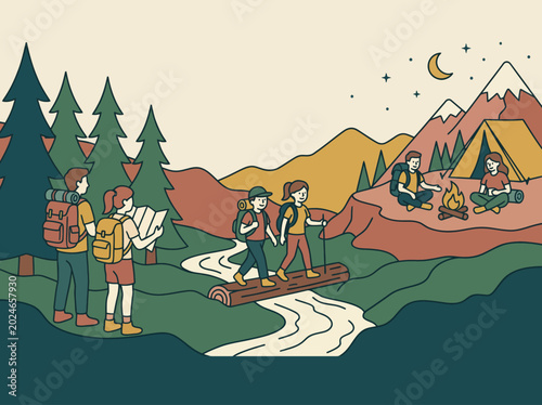 Canvas-taulu This engaging illustration depicts a group of people enjoying a hike under a starry night sky, blending adventure with the beauty of the outdoors and camaraderie among friends