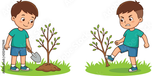 Foto Cartoon Boy Planting and Kicking Tree Illustration Showing Good and Bad Behavior