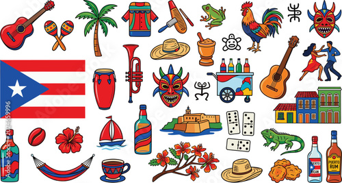 Tableau sur toile Puerto Rico Culture and Travel Icon Set with Flag, Music, Dance, Food, Architect
