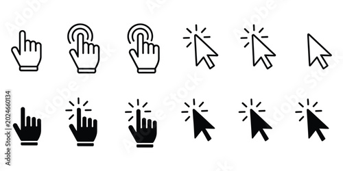 Computer Mouse Pointer Icon Set Vector, Clicking Cursor And Selection Symbols, Modern UI Navigation And Interaction Concept Illustration For Web And App Design.