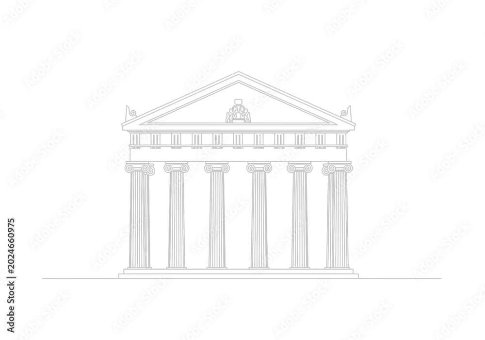 Fototapeta premium Classical greek temple architecture line art illustration with columns and pediment