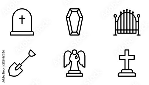 Foto Funeral Icons Set: Tombstone, Coffin, Angel, Cross, Gate, Shovel Vector Graphics