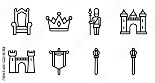 Obraz na płótnie Royal Icons Set: Throne, Crown, Castle, Guard, Scepter, Banner Vector Graphics f