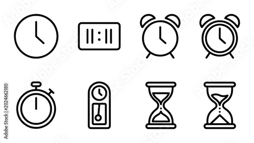 Foto Diverse Clock Icons Collection, Timekeeping Symbols Set, Hourglass and Alarm Clo