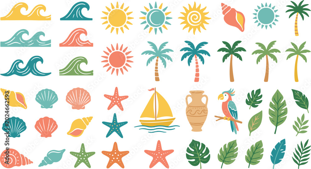 Fototapeta premium tropical summer elements collection vector illustration with waves suns shells and palm trees